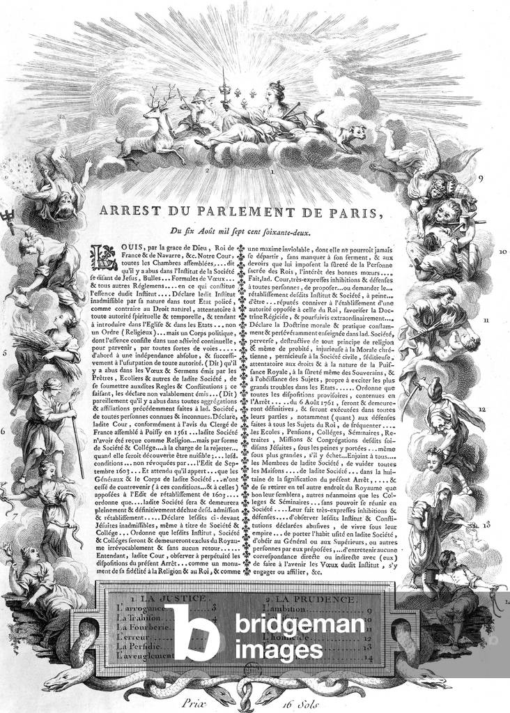 Ruling of Paris Parliament august 10, 1762 about eviction of Jesuits from France, engraving