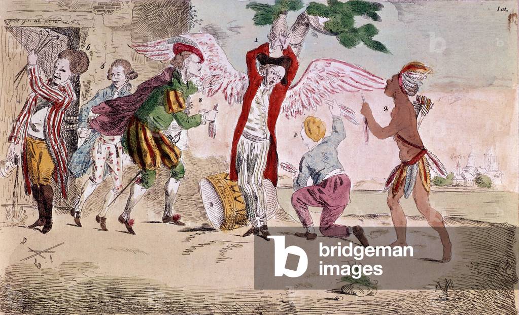 Independence war of USA, c. 1778 : cartoon showing english trade tied to a tree while an USA, a Spain and Holland pull out feathers, on l France takes away tobacconist from England who breaks her useless pipe, engraving