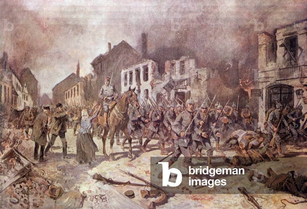 2nd battle of Tannenberg august september 1914 between Germans and Russians : german infantry crossing Ortelsburg august 29, 1914, illustration