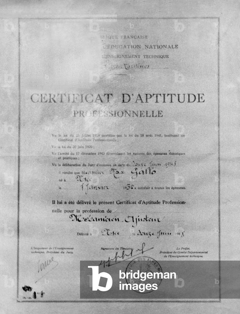 diploma of vocational training qualification of mechanics given to Max Gallo june 12, 1948