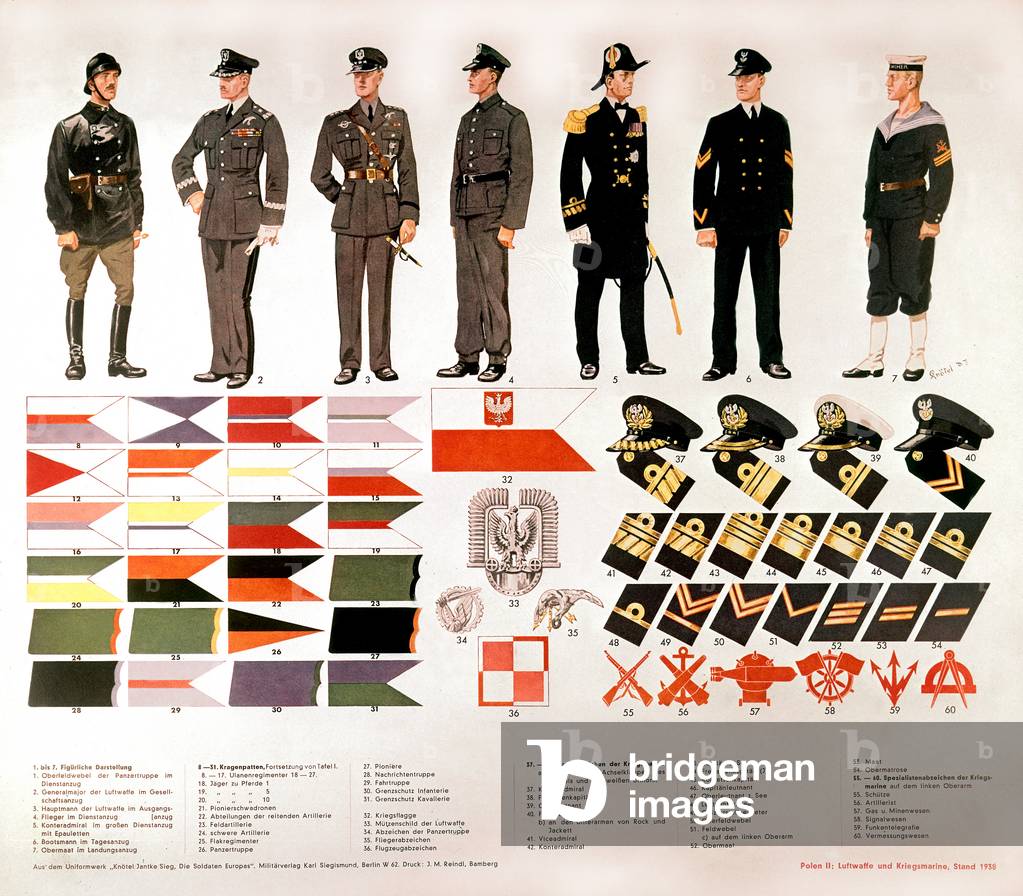 uniforms and ranks of the officiers of the aircraft and navy of the polish army in 1937
