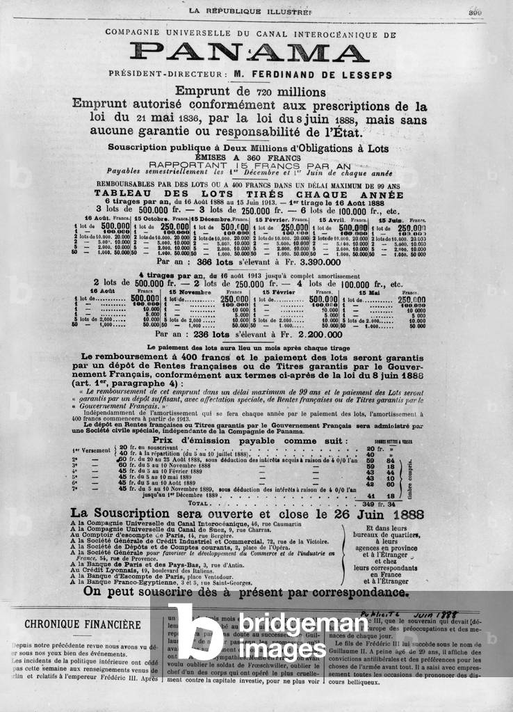 Loan by Ferdinand de Lesseps for construction of Panama canal, 1888