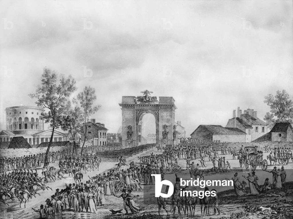 French napoleonic army coming back in Paris on november 25, 1807, engraving
