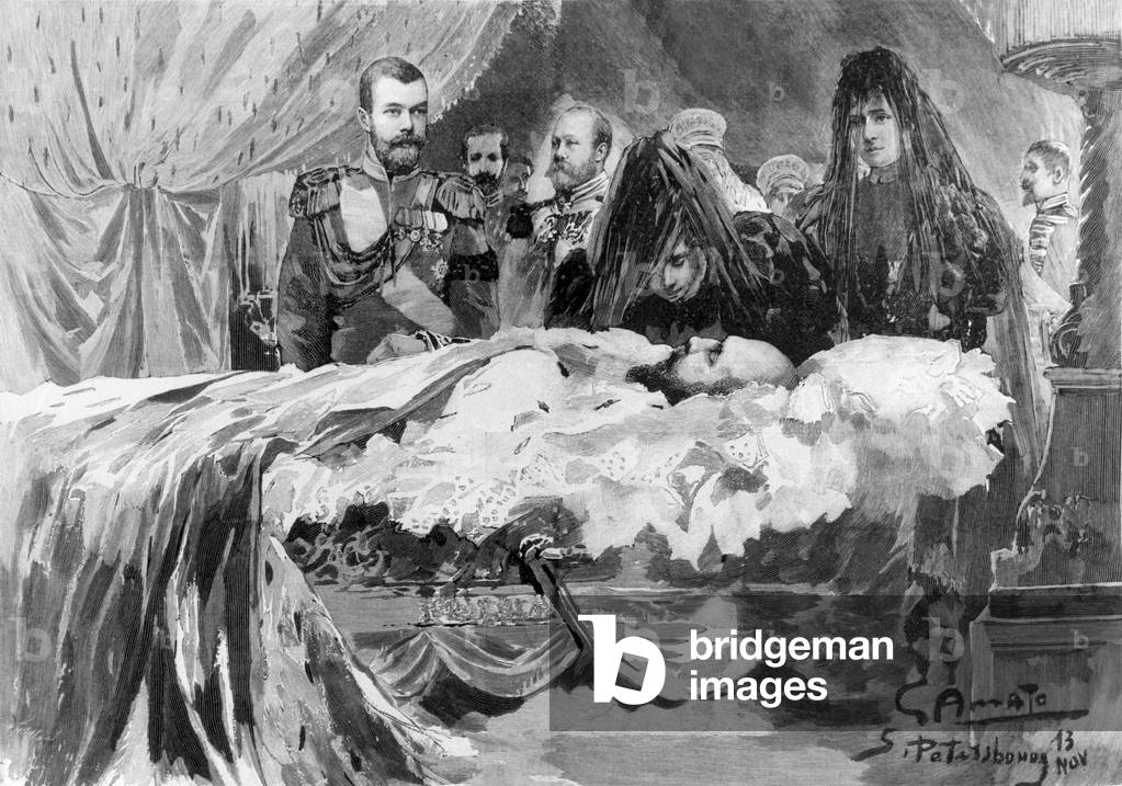 Death of czar Alexandre III of Russia : here imperial family in front of the coffin in Saint Petersburg, november 1894 : new czar Nicolas II of Russia, prince of Wales, dowager empress and new czarina Alexandra Feodorovna, drawing