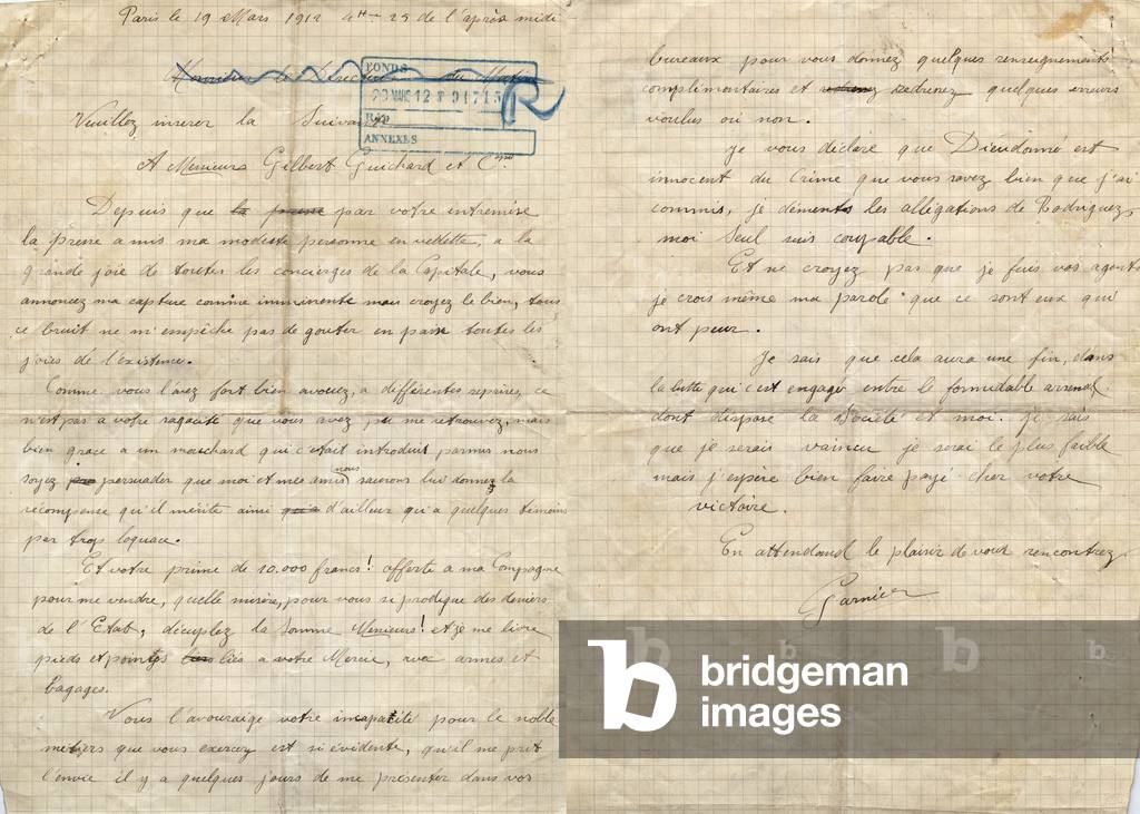 Letter written by Octave Garnier member of Bonnot gang march 19, 1912