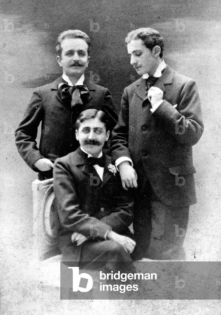 Marcel Proust (1871-1922) French writer with Robert de Flers (l) and Lucien Daudet c. 1900