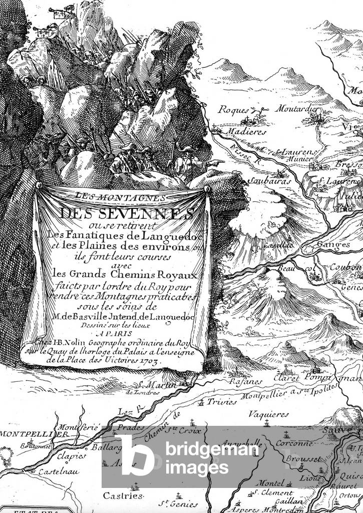 War of the Camisards ( Protestant insurgents of the Cevennes south of France who resisted the violence of the dragonnades after the revocation of the edict of Nantes) : map of the Cevennes mountains 1703 where the insurgents could hide on top left are the king's 