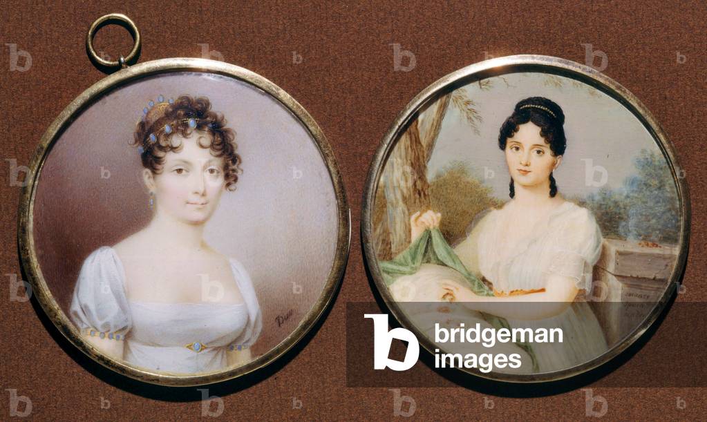 Princess Christine Bonaparte Boyer (1798-1847) daughter of LucienBonaparte (brother of emperor Napoleon1st) and ChristineBoyer and Alexandrine Jacob de Bleschamp (1778-1855, 2nd wife of LucienBonaparte), miniatures in medallions, 19th century, collection museo Napoleonico (Roma)