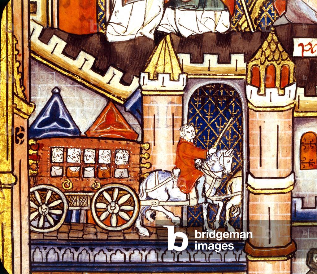Transport of the prisoners towards the prison of Chatelet, in Paris detail from illumination representing Saint -Denis, saint -Saintin and saint -Antonin from the manuscript Life of Saint -Denis, written by Yves, the monk of Saint Denis, dating in 1317