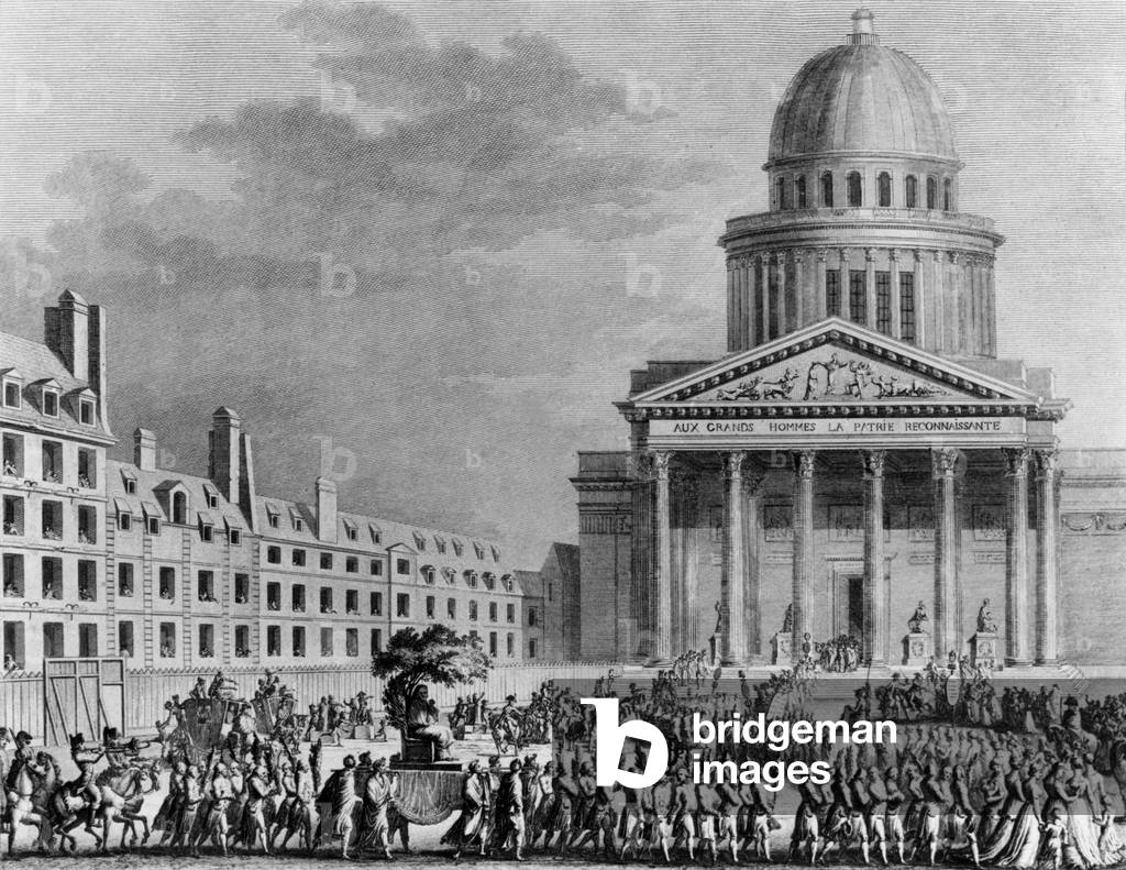 Apotheosis of writer Jean Jacques Rousseau (1712-1778), Pantheon, Paris, on october 11th, 1794. Drawing by Girardet, engraving by Berthault.