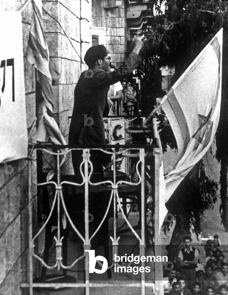 Menahem Begin (1913 - 1992) israeli stateman, leader of the Irgoun Tsvai Leumi harangues the crowd in the Hotel Tel-Aviv about 1946-1947