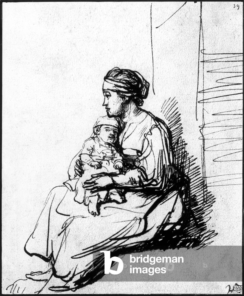 Mother and her child, drawing by Rembrandt van Rijn (1606-1669)