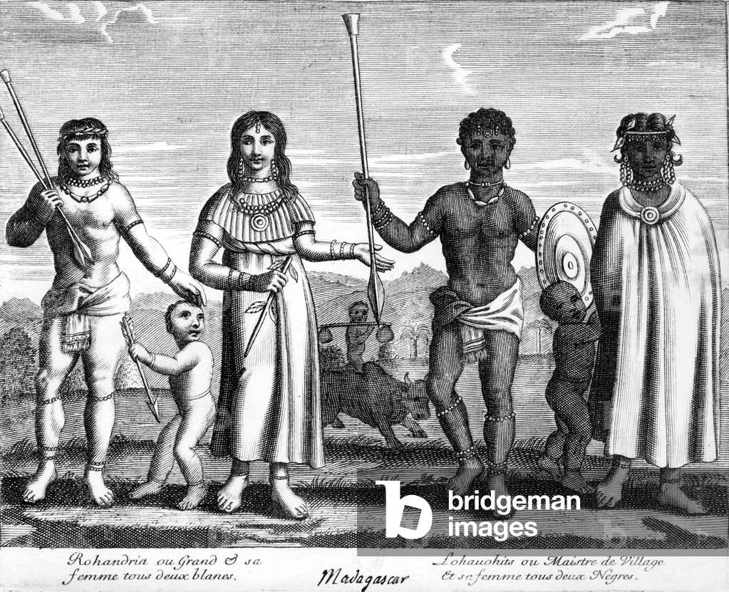 Madagascar people : on l : Rohandria with his wife (they are white) and on r : Lohauohits with his wife (they are black), engraving, 19th century