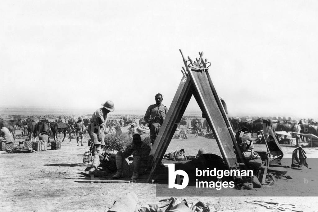 Indian troops in the North of Baghdad, here having somme rest , protected from the sun under improvised shelter made with stretchers, april 03, 1918 during the great war
