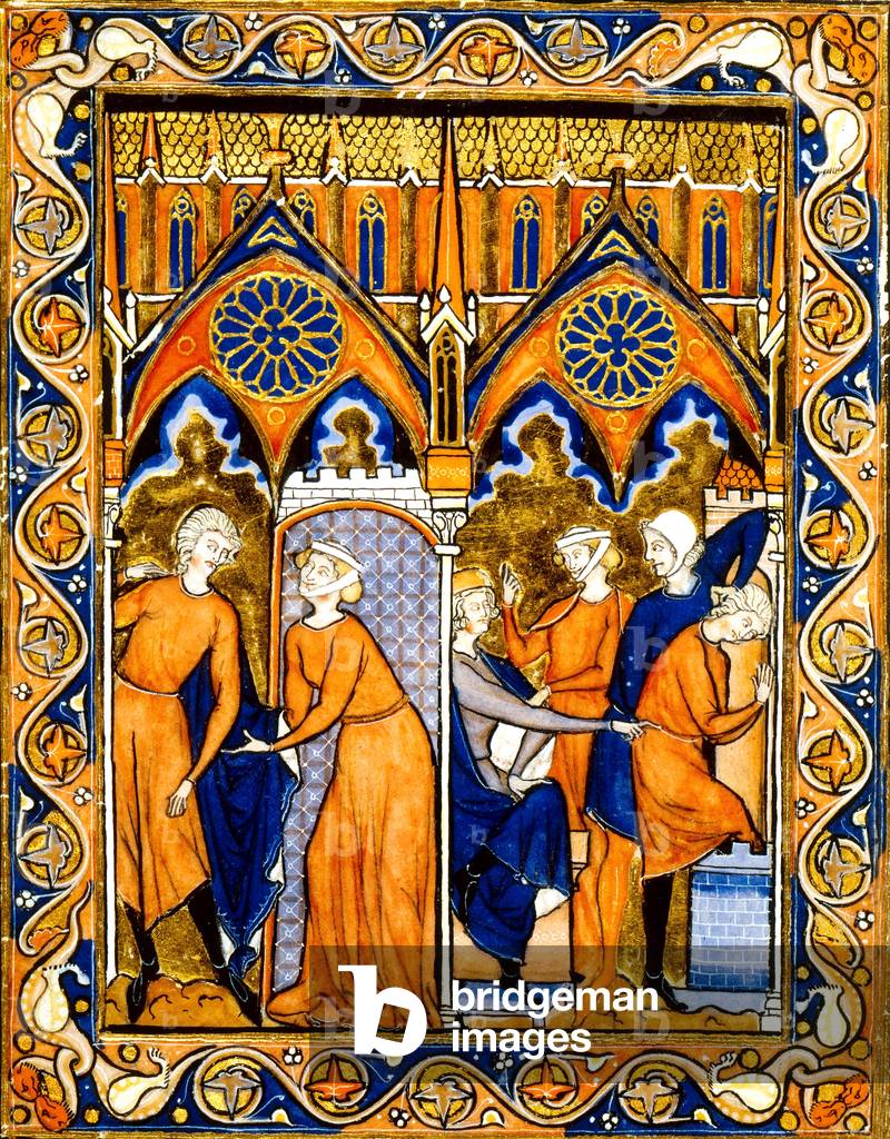 Joseph and the Potiphar's wife is an illumination extracting from the manuscript Psautier de Saint louis, dating between 1258 and 1270