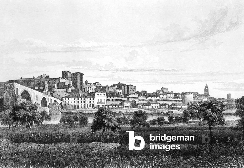 View of the bridge and the papal palace in Avignon France, engraving, c. 1880
