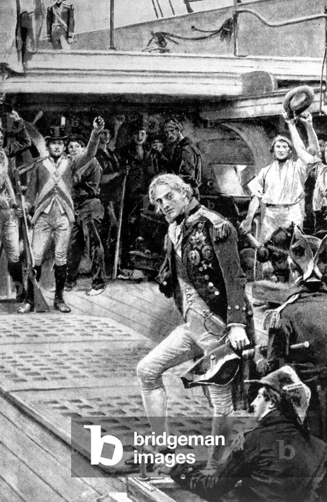 Admiral Nelson greeted by the men on Victory ship after the battle of Trafalgar in 1805, engraving