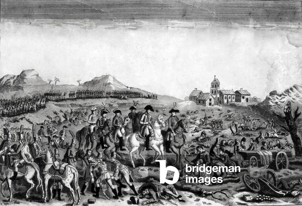 French emperor Napoleon 1st visiting Eylau battle field on march 17, 1807, engraving