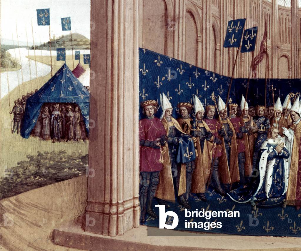 Coronation of French king Lothaire in Reims (France) in 840, illumination by Jean Fouquet from Grandes chroniques de France, c. 1455-1460