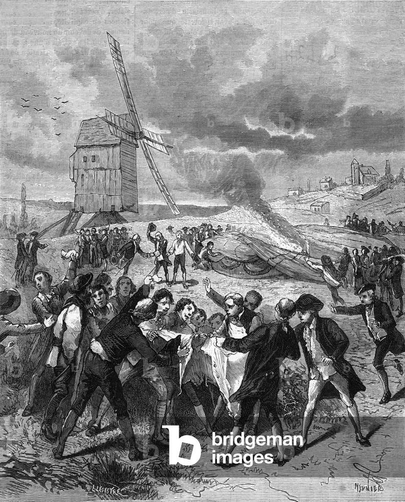 Crowd welcoming the landing of Pilatre de Rozier's hot-air balloon late 18th century