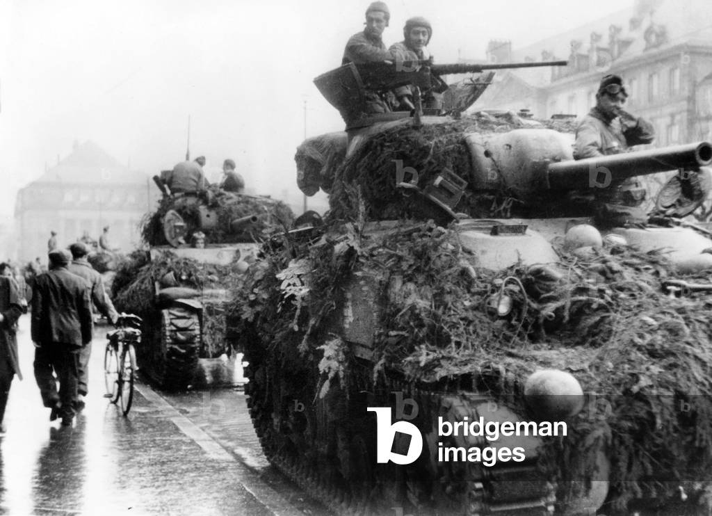 Liberation of Strasbourg (France) : tanks of French 2nd Armored Division, on the place Broglie square the 23th november 1944