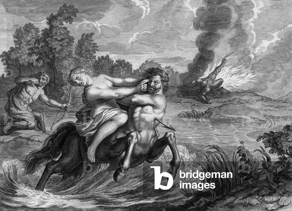 Hercules rescuing his wife Deianira kidnapped by centaur Nessus (he shot the centaur with a poisoned arrow , from the Lernean Hydra, and killed him) ; in the background, scene of Hercules ' death throwing himself in the stake to put an end to his suffering apres he wore thhis hide soaked with Nesus' poisoned blood, engraving