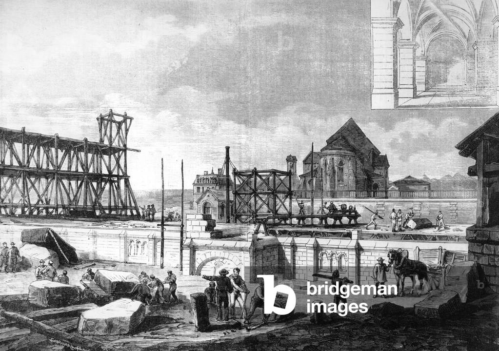 state of the building of the Sacred Heart basilica in Montmartre Paris march 1882, agraving after a drawing by Griaud - construction des cathedrales cathedral
