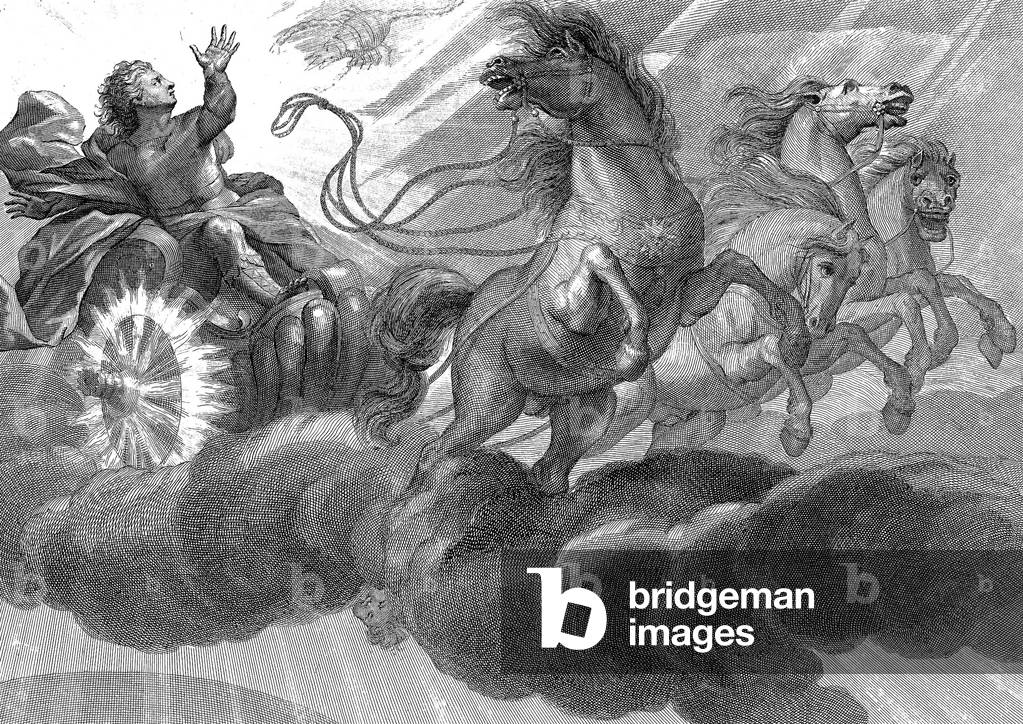 Tales The Metamorphosis by Ovid : Phaeton son of the Sun who wanted to drive his father's chariot nearly set the universe ablaze godZeus to punish him struck him dead, engraving