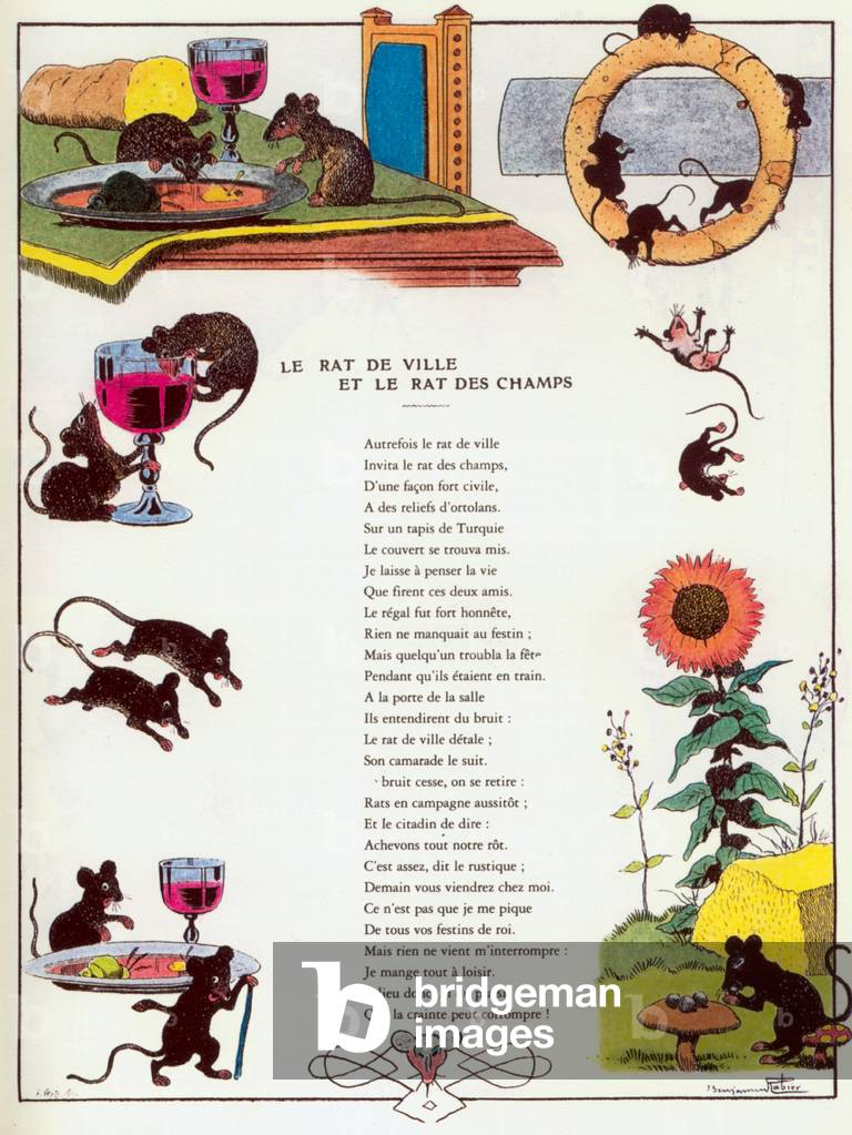 The Town Mouse and the Country Mouse, illustration from 'Fables' by Jean de la Fontaine, 1905-06 (colour litho)