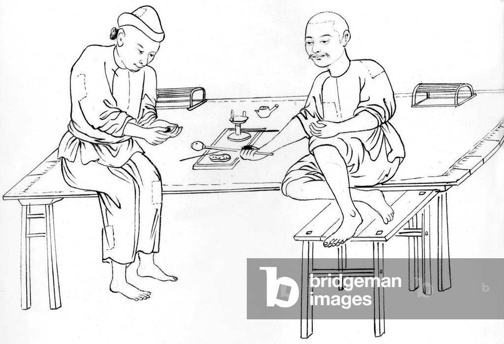 Opium smoker in China, 19th century, drawing