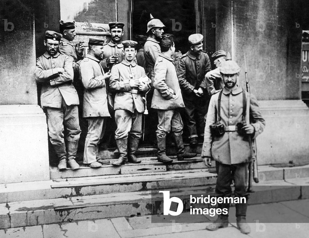 Invasion of Belgium and occupation of Brussels by german army august 1914 : german soldiers in front of the northern station