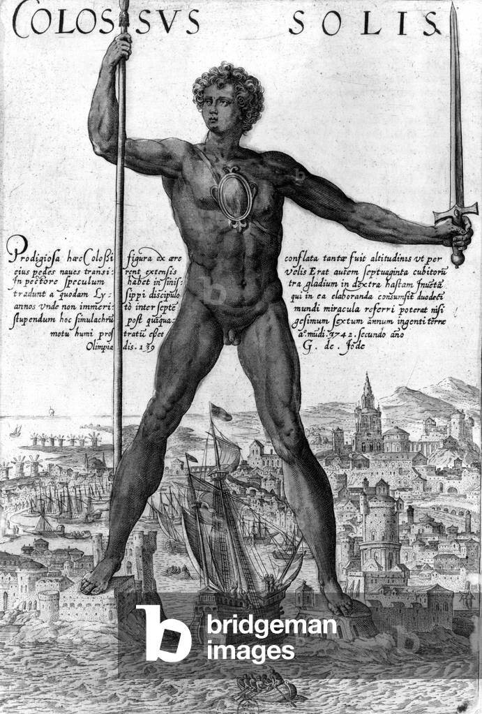 The Colossus of Rhodes, a giant bronze statue of Helius that stood at the harbor of Rhodes, engraving. It was the 6th of the seven wonders of the world