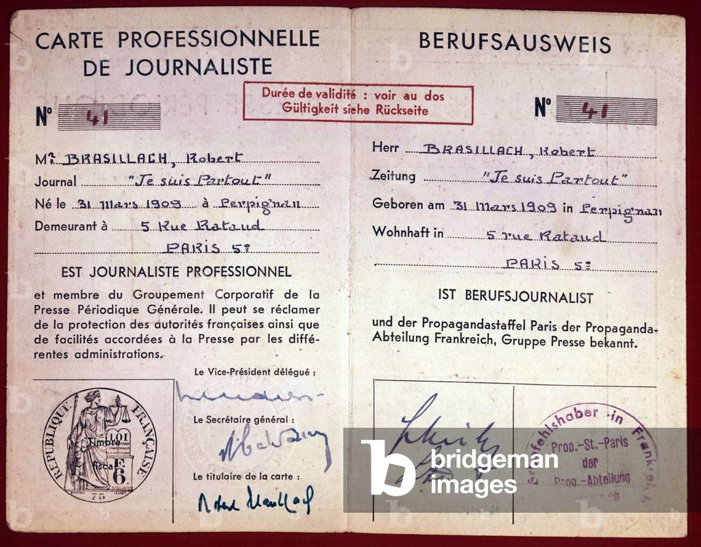 Professional Journalist Card of Robert Brasillach (ink on paper)
