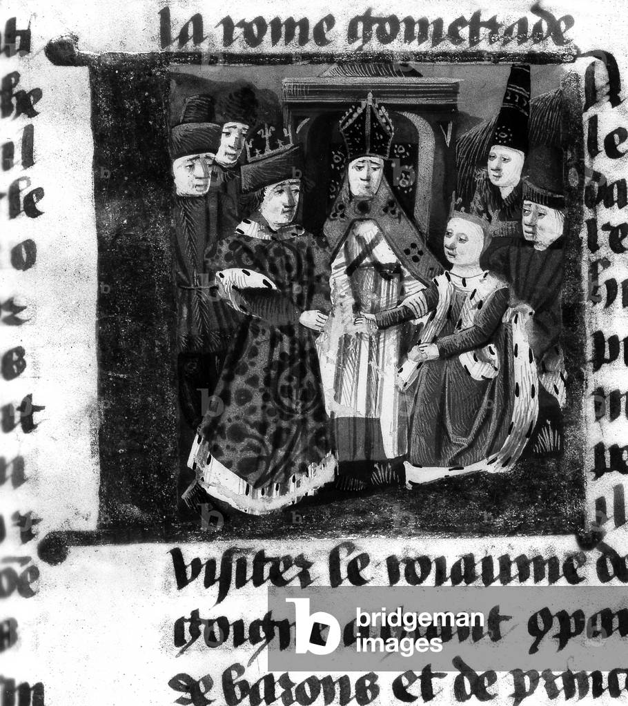 Wedding of merovingian king Dagobert 1st and Nanthilde, 629, 15th century illumination from Les Grandes Chroniques de France