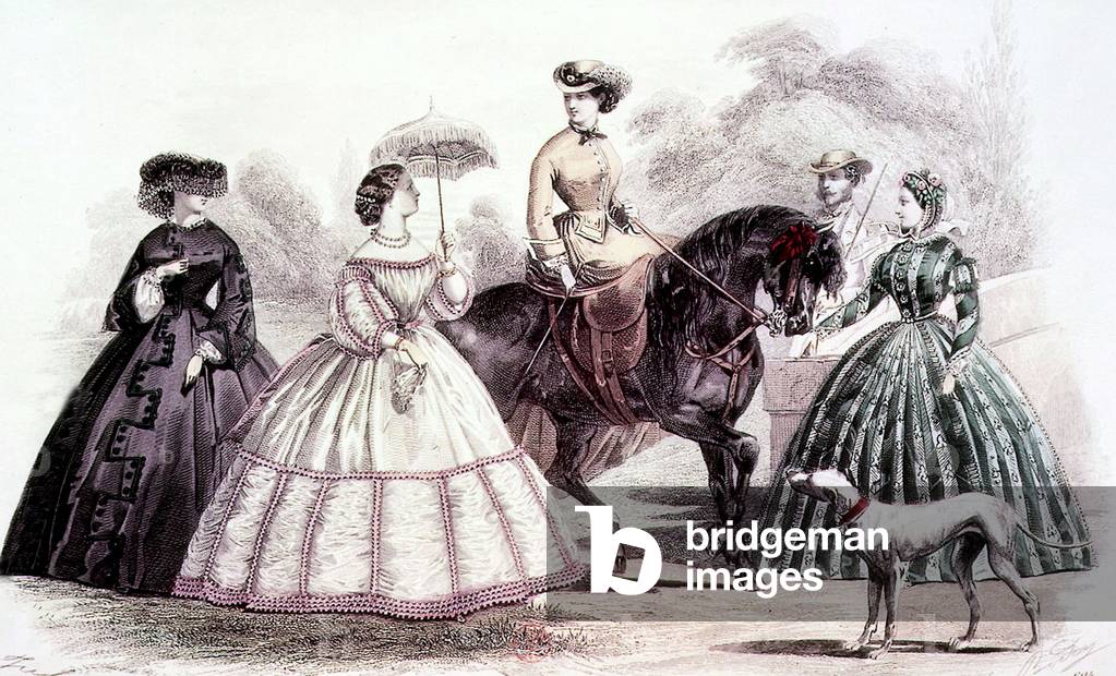 1860 summer outfit : crinoline dress, engraving
