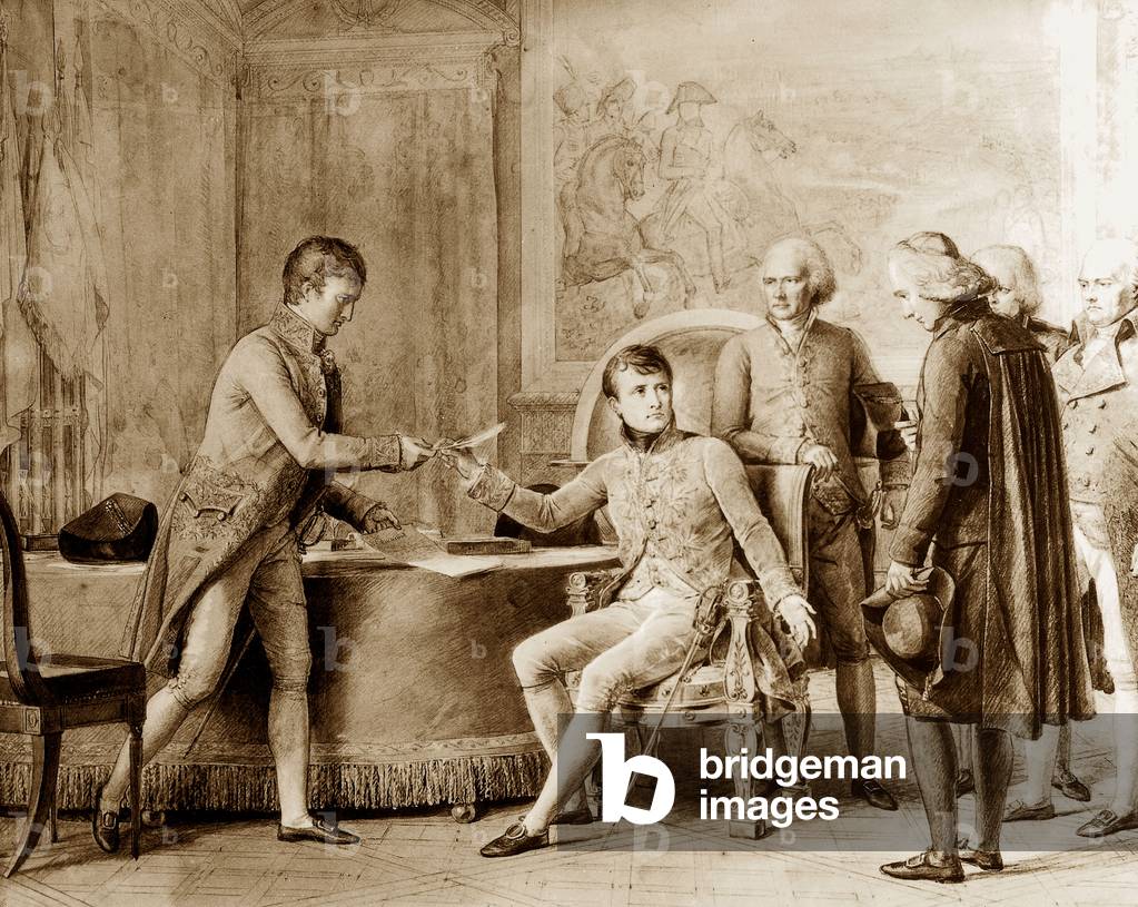 Concordat of 1801: agreement between Bonaparte prime consul (1799-1804) and Pope Pius VII that reestablished the Roman Catholic Church in France, drawing by Francois Gerard. l-r : Joseph Bonaparte, Napoleon Bonaparte, Portalis, Monseigneur Spina, d'Hauterive and Cretet