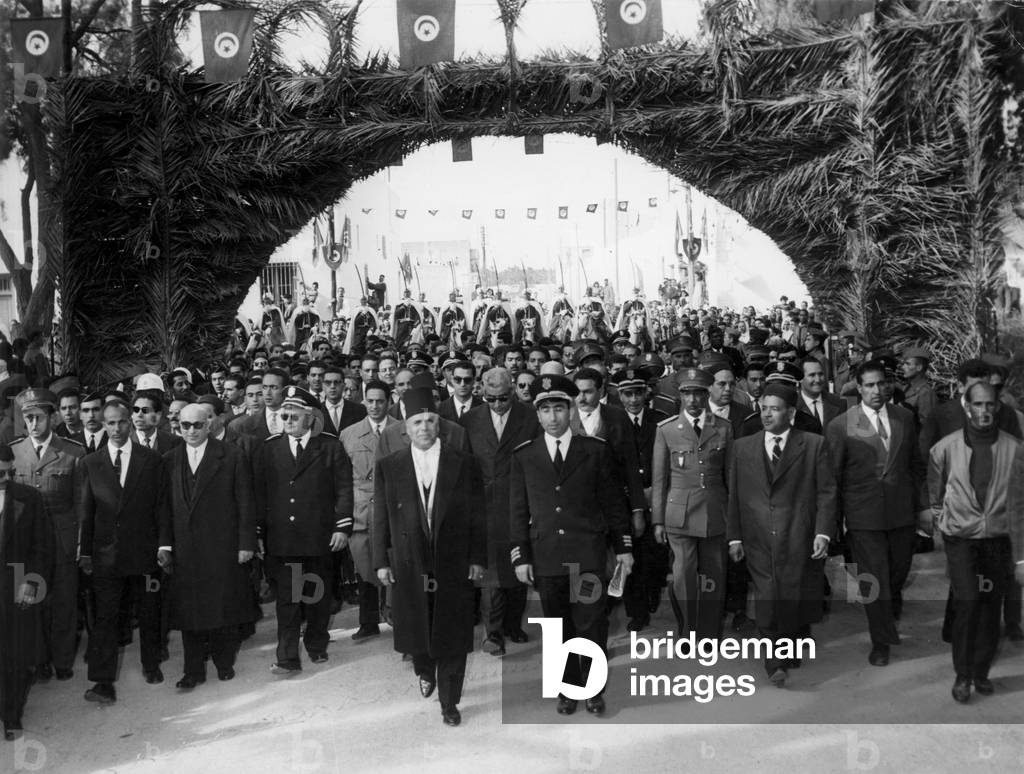 In Tunis on march 20, 1956 president Habib Bourguib and tunisian officials celebrating independence of Tunisia