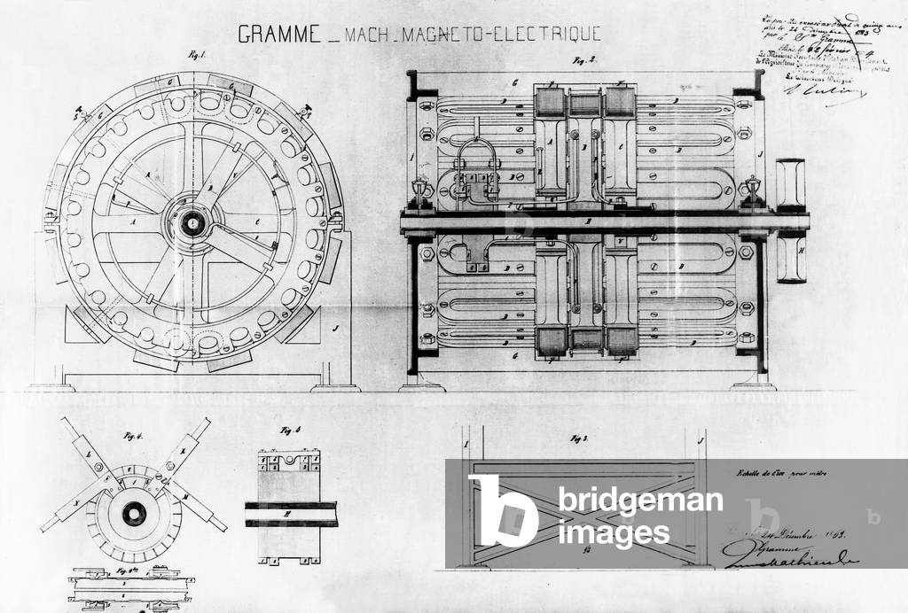Drawing of a magnetoelectric machine for a patent by Zenobe-Theophile Gramme in Paris, 1863