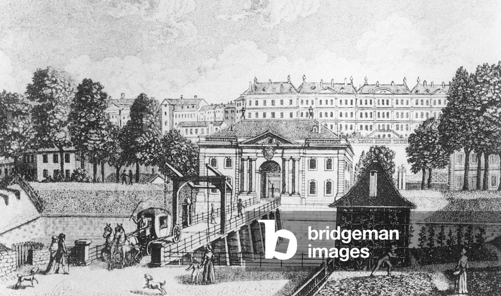 The New Gate in Geneva on the background are the townhouses of the rue des Grange built in 1700-1723, engraving by Lescuyer