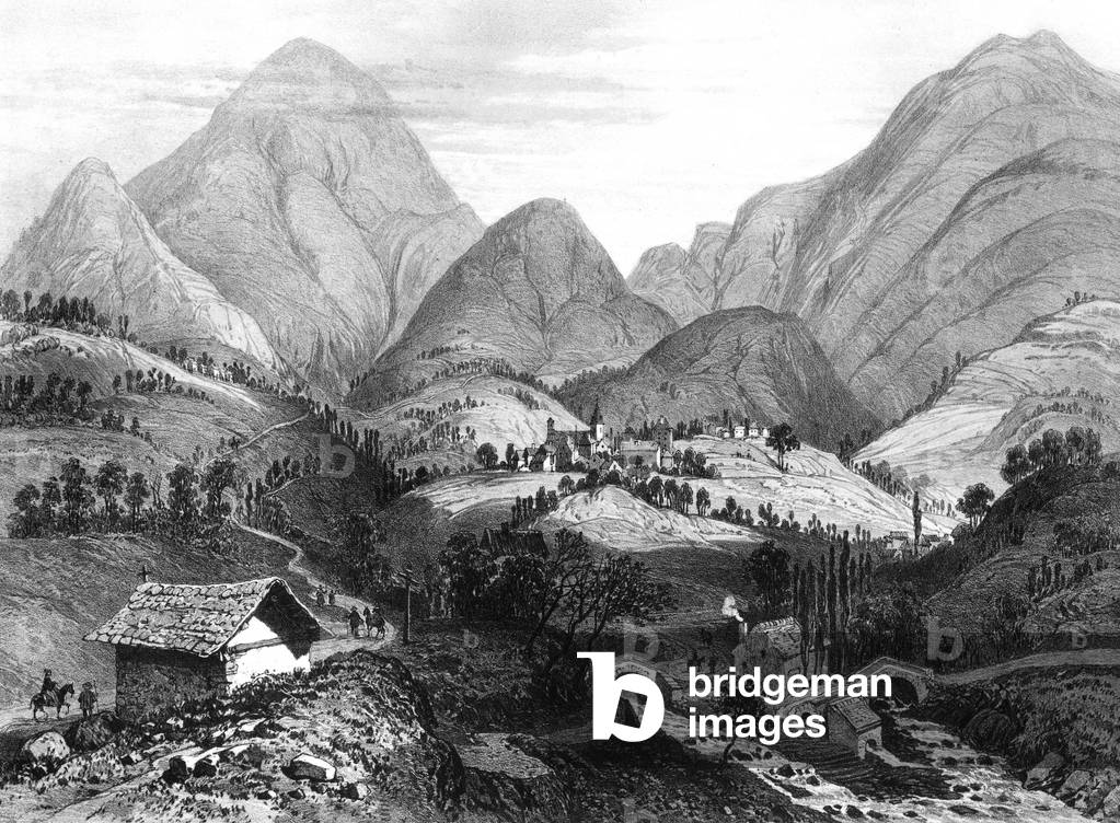 View of the parish of La Salette in Isere (France), moutain of apparition (where Virgin Mary appeared on september 19, 1846), engraving