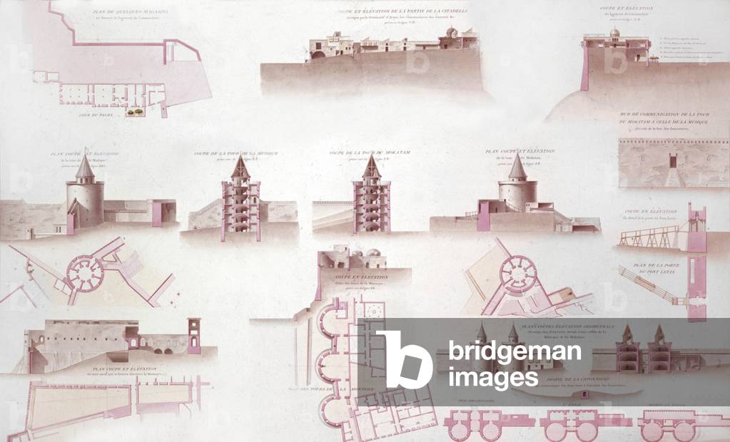 map of citadel of Cairo, Egypt, watercolor,19th century