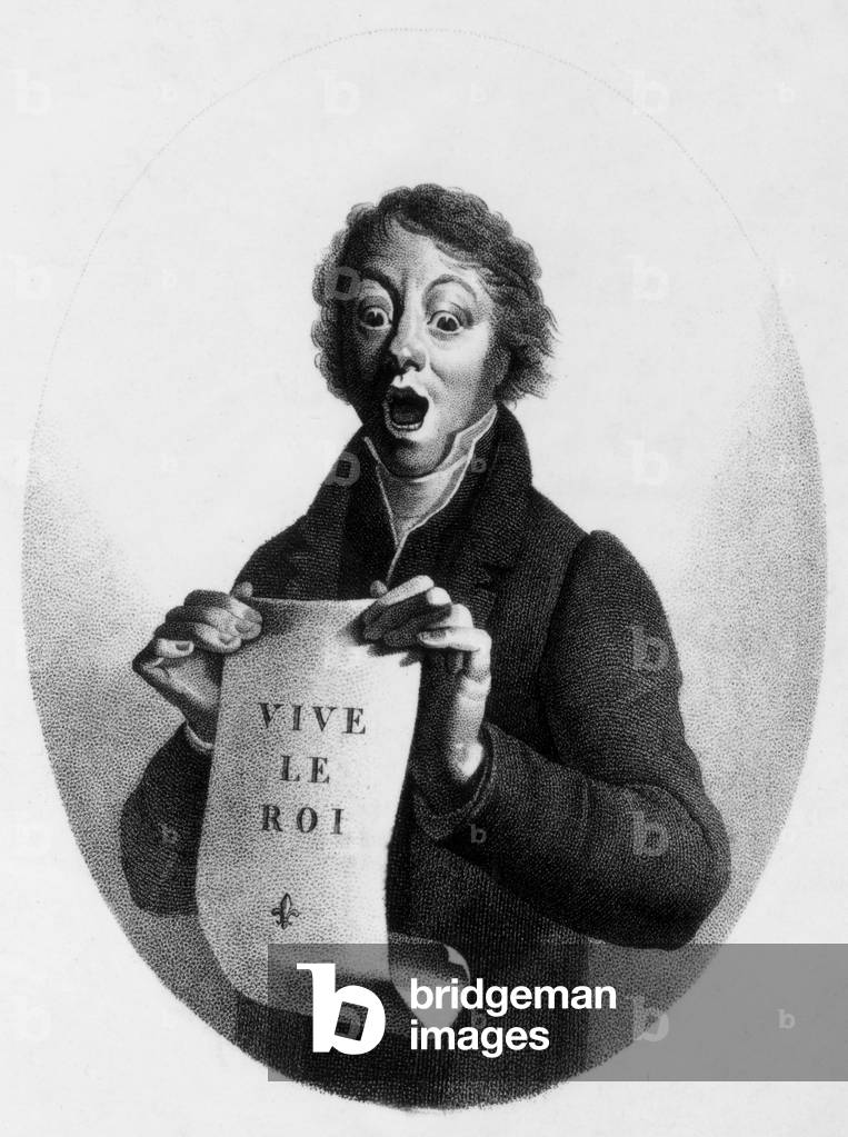 The cry of the France, at time of Louis XVIII (1814-1824, Restauration), engraving by Hourdin after Noel