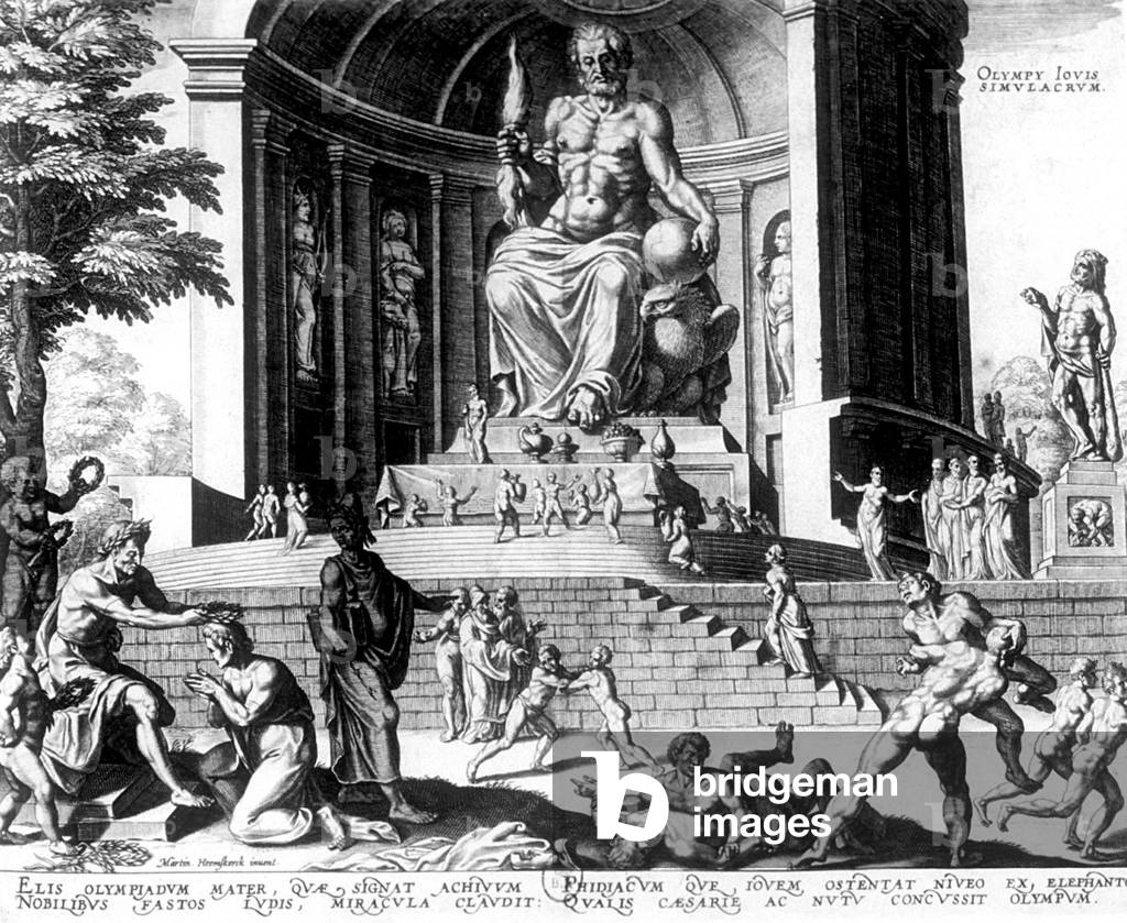 Statue of Zeus in Olympia (Greece), one of the seven wonders of the worlds, made by Phidias c. 432 BC, engraving