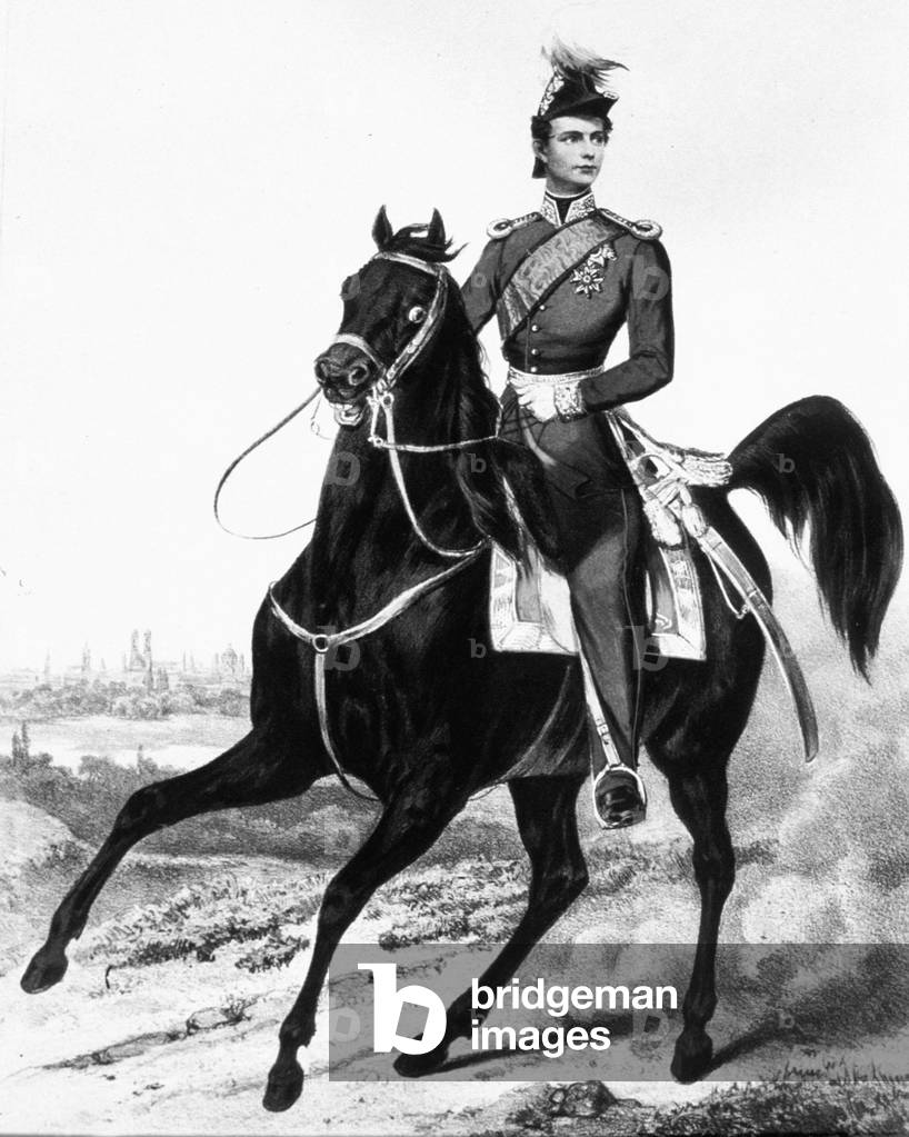 Louis II of Bavaria (1845-1886, Louis of Wittelsbach, king from 1864 ), here riding c. 1865, engraving