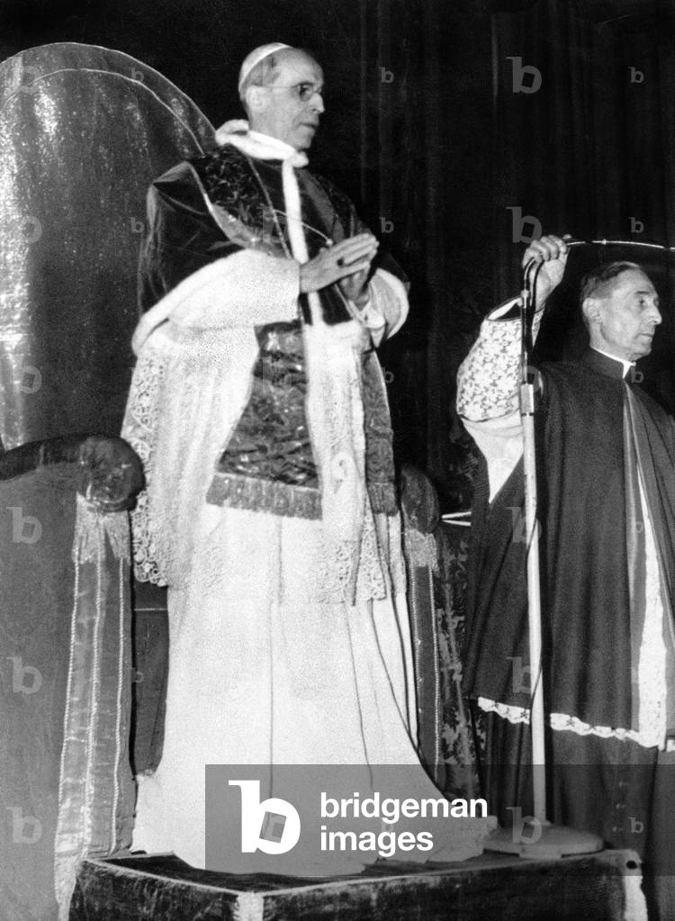Pope Pius XII (Eugenio Pacelli, pope in 1939-1958) during ceremony of consistory in Vatican january 15, 1953 religion