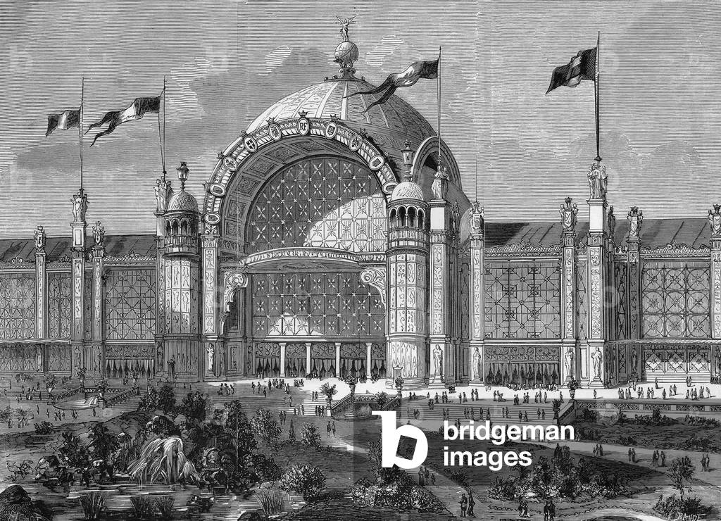 World Fair in Paris in 1878 : View of main entrance of pavilion on the Champs de Mars pavillon architecture, engraving