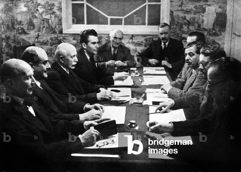 French marshal Philippe Petain in Vichy on october 25, 1940 : l-r : general Charles Huntziger, Raphael Alibert, marchal Petain, Paul Baudouin, admiral Francois Darlan, Pierre Caziot, Marcel Peyrouton, Pierre Laval, Yves Bouthillier and Rene Belin