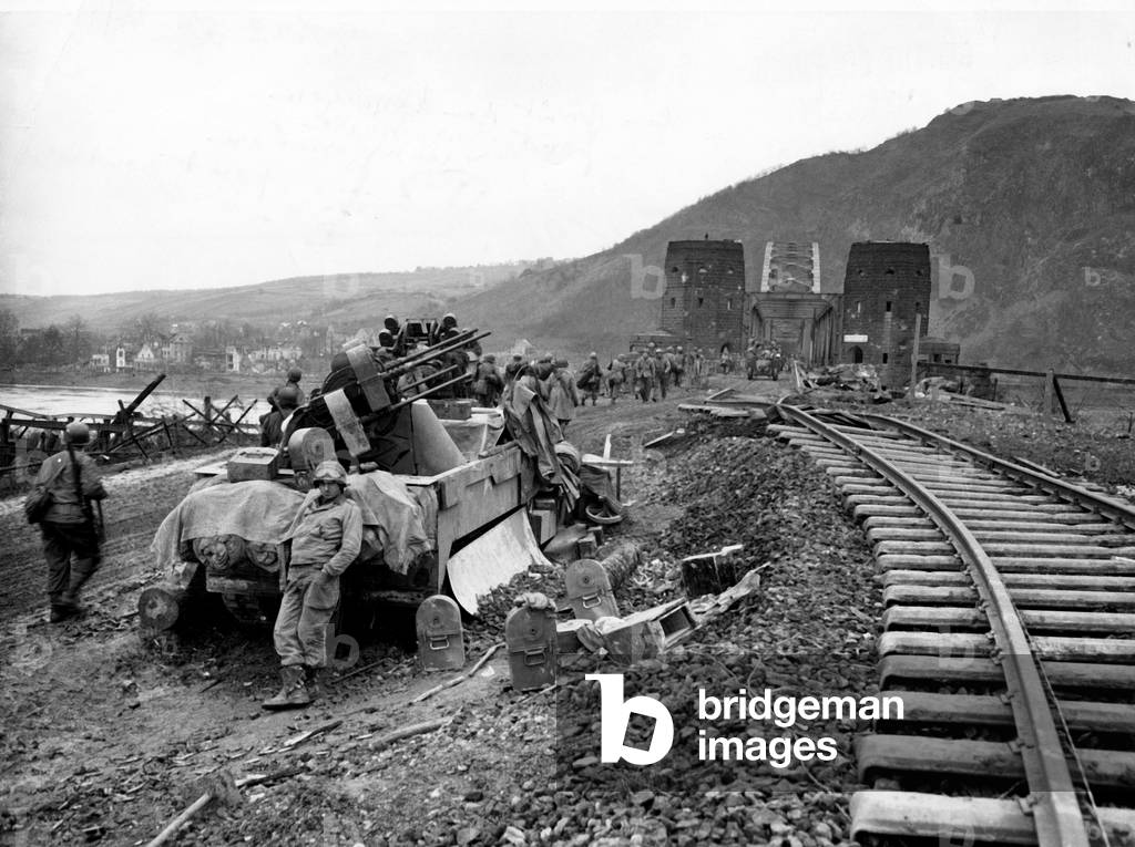 American troops and anti-aircraft units at the Remagen Bridge over the Rhine River in Germany, March 1945