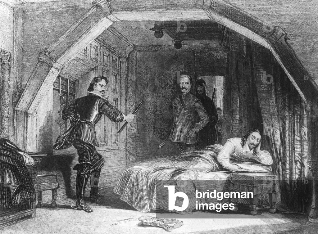 Discovery by the men of Cromwell of the escape attempt of former king Charles 1st from Carisbrook castle june 1646, engraving