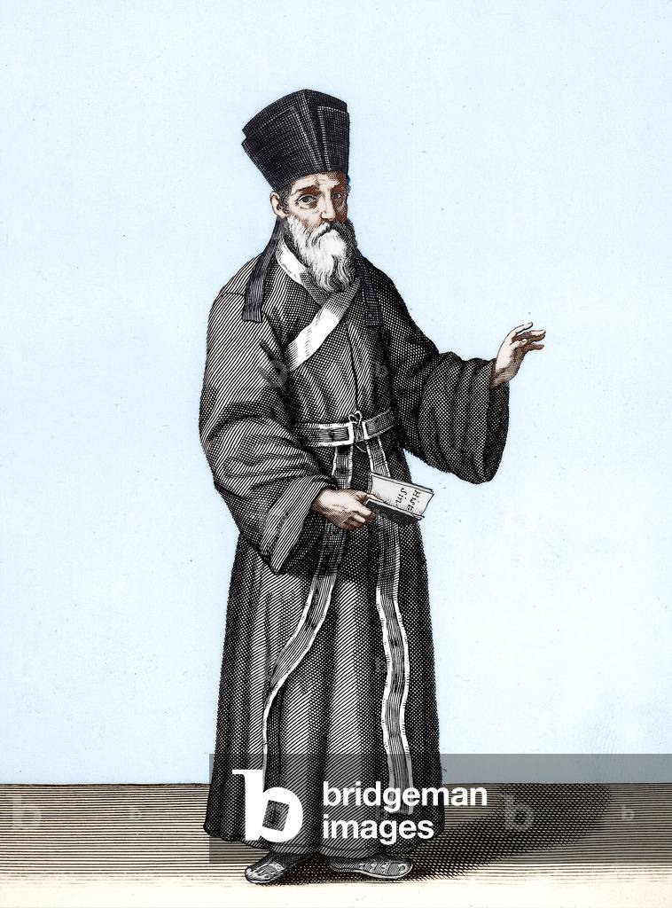 Matteo Ricci (1552-1610) was italian jesuit missionary founder of catholic mission in China here in 1582, engraving colourized document